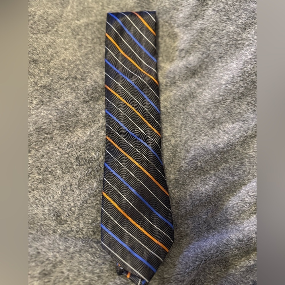 XMI Platinum 100% Silk Striped Black Tie with Orange and Blue Accents